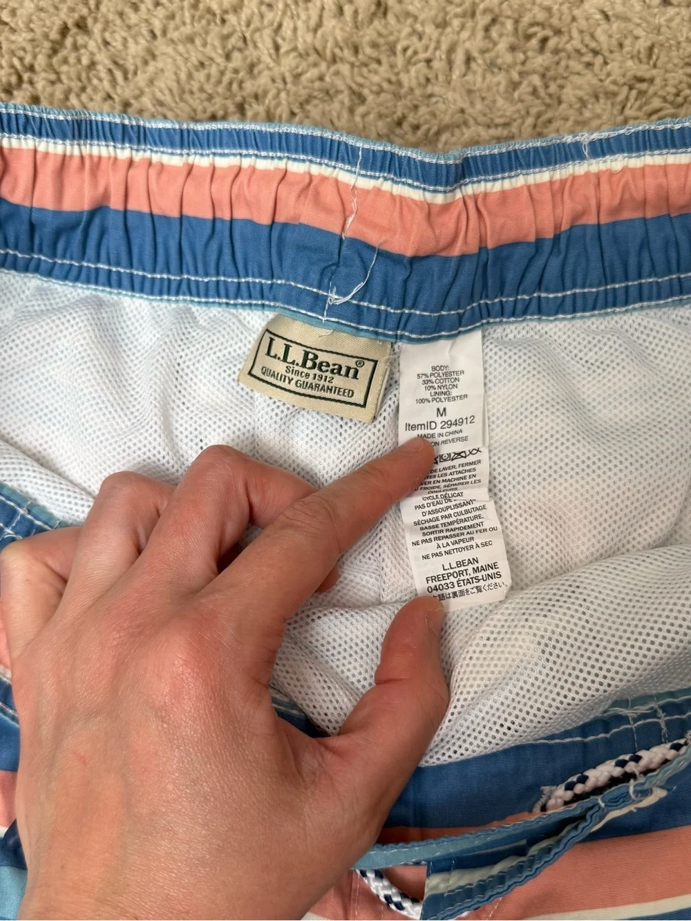 L.L. Bean Striped Coral and Blue Swim Trunks